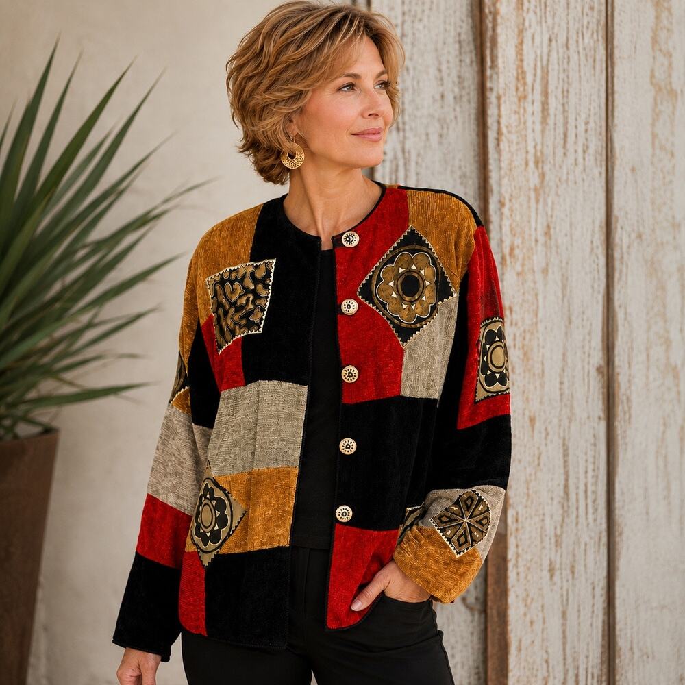 Allure Patchwork Jacket Cardigan XL Artsy Rayon Red Black Gold
